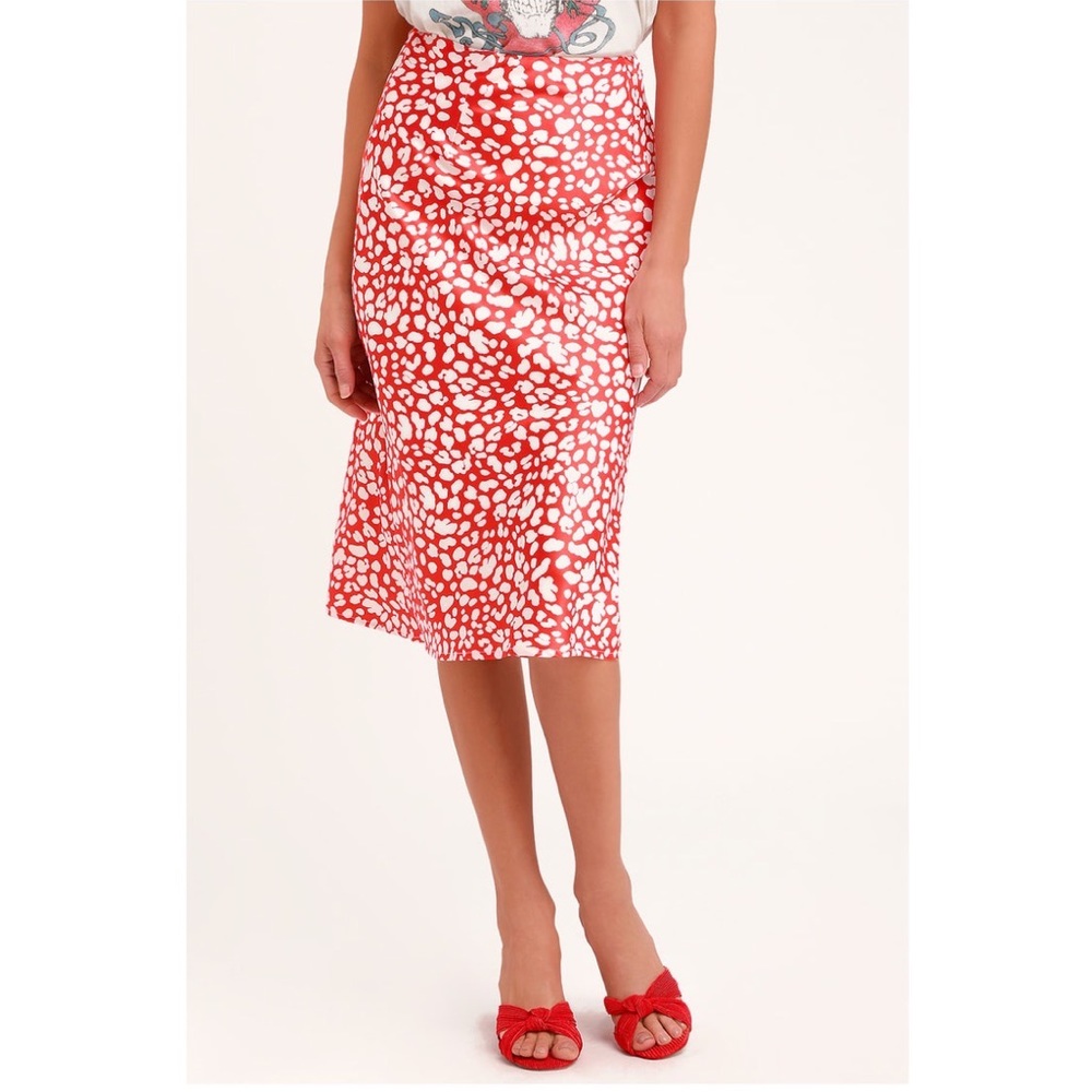 NWT Lulu’s Elisa Red Animal Print Satin Midi Slip Skirt